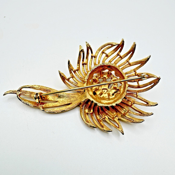 Vintage Rhinestone Flower Brooch Gold Tone Domed Green Brown Yellow Glass 3" - Picture 4 of 6